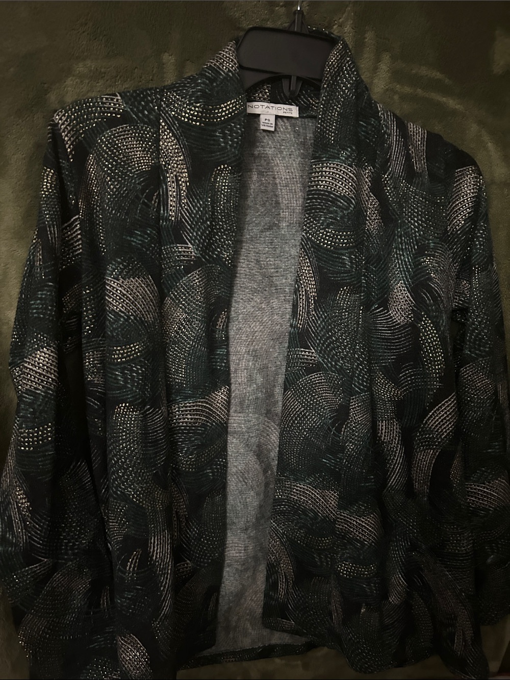 Notations Open-Front Blazer Jacket in Black and Green with Metallic Accents